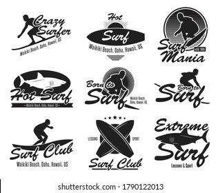 Verschiedene flache Symbole für Surfclubs. Schwarzes Logo oder Zeichen mit Surfbrett, Surfer, Hai, Wave Vektorgrafik Sammlung. Sommer-, Reise-, Hawaii- und Designkonzept