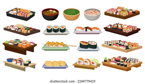 Different Sushi and Maki Served on Board with Soy Sauce and Bowl with Noodles Big Vector Set