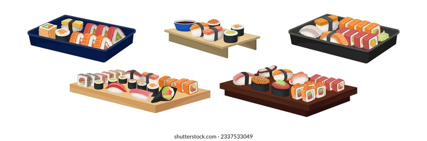 Different Sushi and Maki Served on Board with Soy Sauce Vector Set