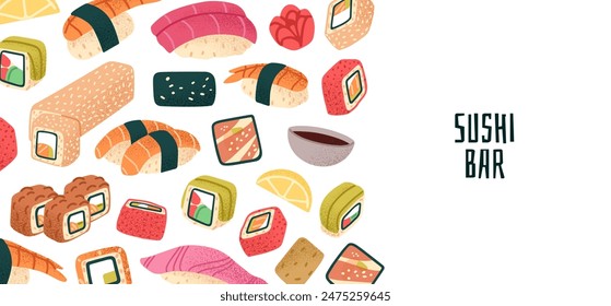 Different sushi on advertising banner. Design of Japanese restaurant menu. Template of horizontal cover with soy sauce, Asian rolls with salmon, rice. Seafood background. Flat vector illustration