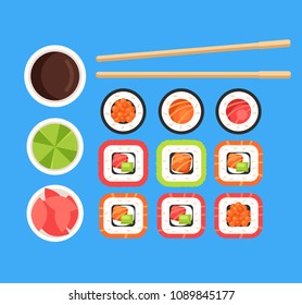 Different sushi roll icon set with wasabi ginger and sauce. Food menu element concept. Vector flat cartoon isolated graphic design illustration