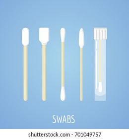 Different swabs, ear stick in flat style on blue background. Medical tools, hygiene objects.