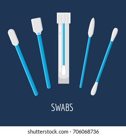 Different swabs, ear stick in flat style on blue background. Medical tools, hygiene objects.