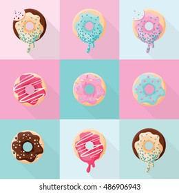 Different sweet cute and bright set of donuts icons. Flat design dessert
