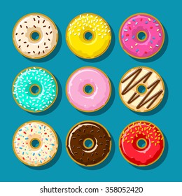 Different sweet donuts. Cute and bright set of donuts. Flat design, vector illustration