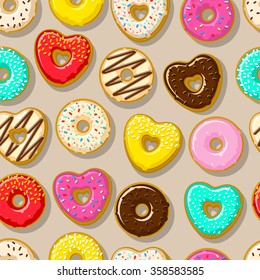 Different sweet donuts. Cute and bright set of donuts. Flat design, vector illustration