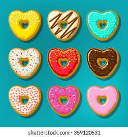 Different sweet donuts. Cute and bright set of donuts in shape of heart. Flat design, vector illustration