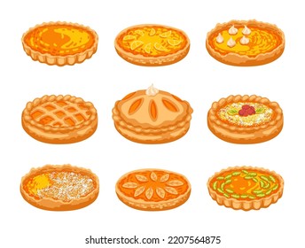 Different sweet pumpkin pies vector illustrations set  Collection cartoon drawings whole pies and without whipped cream white background  Autumn  Thanksgiving day  desserts concept