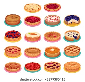 Different Sweet Round Pies with Crust on Plate Big Vector Set