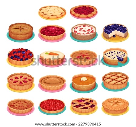 Different Sweet Round Pies with Crust on Plate Big Vector Set