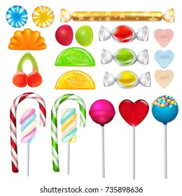 Different sweets and candies from sugar. Realistic vector pictures set. Sweet caramel lollipop, candy dessert snack illustration