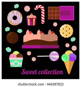 Different sweets: chocolate, muffin, cupcake, donut, biscuits, lolly pop and other.