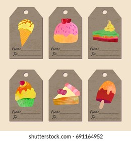 Different sweets collection. Tag or label design. Watercolour imitation
