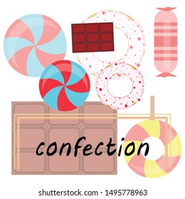 Different sweets colorful background. Lollipops, chocolate bar, candies, donut, vector background.