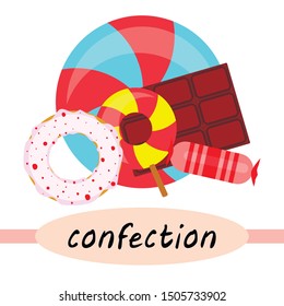 Different sweets colorful background. Lollipops, chocolate bar, candies, donut, vector background.