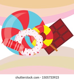 Different sweets colorful background. Lollipops, chocolate bar, candies, donut, vector background.