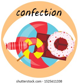 Different sweets colorful background. Lollipops, chocolate bar, candies, donut, vector background.