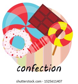Different sweets colorful background. Lollipops, chocolate bar, candies, donut, vector background.