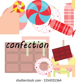 Different sweets colorful background. Lollipops, chocolate bar, candies, donut, vector background.