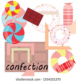 Different sweets colorful background. Lollipops, chocolate bar, candies, donut, vector background.