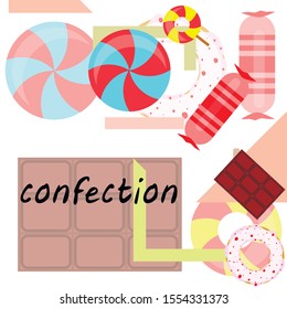 Different sweets colorful background. Lollipops, chocolate bar, candies, donut, vector background.
