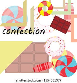 Different sweets colorful background. Lollipops, chocolate bar, candies, donut, vector background.