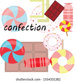 Different sweets colorful background. Lollipops, chocolate bar, candies, donut, vector background.