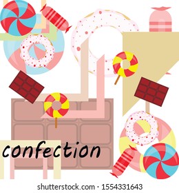 Different sweets colorful background. Lollipops, chocolate bar, candies, donut, vector background.