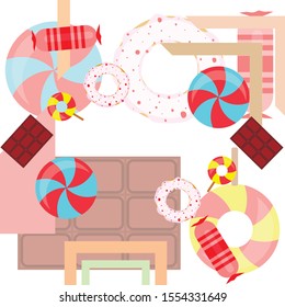 Different sweets colorful background. Lollipops, chocolate bar, candies, donut, vector background.