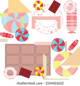 Different sweets colorful background. Lollipops, chocolate bar, candies, donut, vector background.