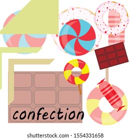 Different sweets colorful background. Lollipops, chocolate bar, candies, donut, vector background.