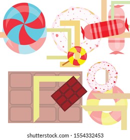 Different sweets colorful background. Lollipops, chocolate bar, candies, donut, vector background.