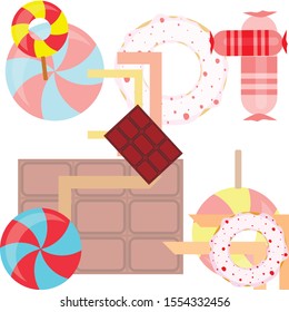 Different sweets colorful background. Lollipops, chocolate bar, candies, donut, vector background.