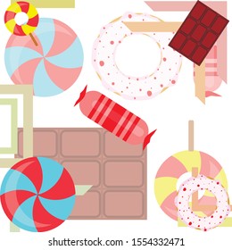 Different sweets colorful background. Lollipops, chocolate bar, candies, donut, vector background.
