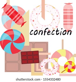 Different sweets colorful background. Lollipops, chocolate bar, candies, donut, vector background.