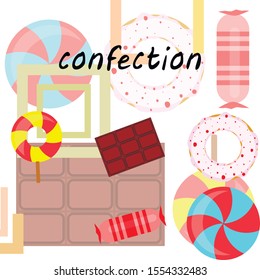 Different sweets colorful background. Lollipops, chocolate bar, candies, donut, vector background.