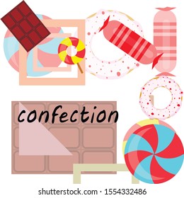 Different sweets colorful background. Lollipops, chocolate bar, candies, donut, vector background.