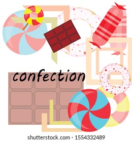 Different sweets colorful background. Lollipops, chocolate bar, candies, donut, vector background.