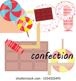 Different sweets colorful background. Lollipops, chocolate bar, candies, donut, vector background.