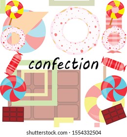 Different sweets colorful background. Lollipops, chocolate bar, candies, donut, vector background.