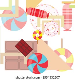 Different sweets colorful background. Lollipops, chocolate bar, candies, donut, vector background.