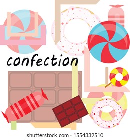 Different sweets colorful background. Lollipops, chocolate bar, candies, donut, vector background.