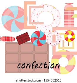 Different sweets colorful background. Lollipops, chocolate bar, candies, donut, vector background.