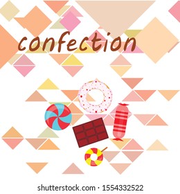 Different sweets colorful background. Lollipops, chocolate bar, candies, donut, vector background.