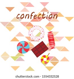 Different sweets colorful background. Lollipops, chocolate bar, candies, donut, vector background.