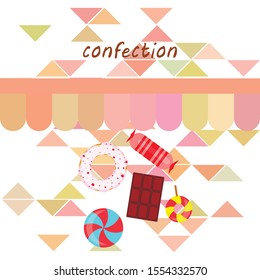 Different sweets colorful background. Lollipops, chocolate bar, candies, donut, vector background.