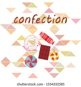 Different sweets colorful background. Lollipops, chocolate bar, candies, donut, vector background.
