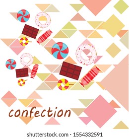Different sweets colorful background. Lollipops, chocolate bar, candies, donut, vector background.