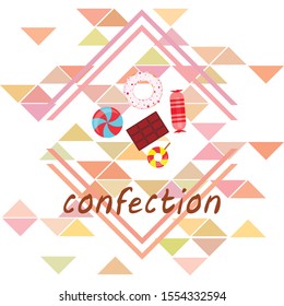 Different sweets colorful background. Lollipops, chocolate bar, candies, donut, vector background.