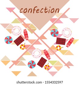 Different sweets colorful background. Lollipops, chocolate bar, candies, donut, vector background.